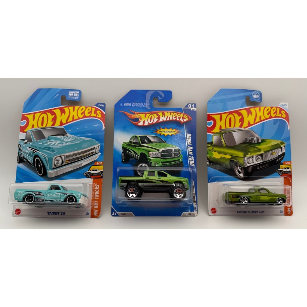 Hot Wheels Truck Lot 67 Chevy C10 Custom '72 Chevy LUV Dodge Ram 1500 Green Teal